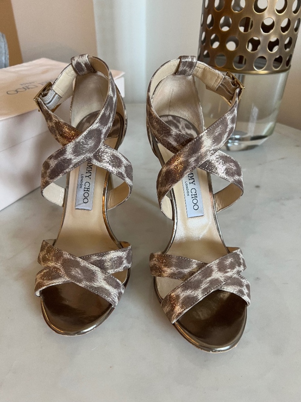 Jimmy Choo "Lottie" Heels, Size 39.5, Leopard Shimmer Lamé